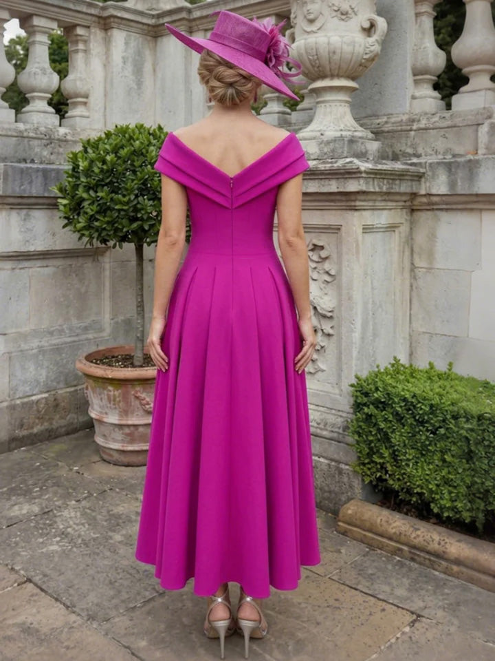 A-Line/Princess Off-the-Shoulder Stretch Satin Mother of the Bride Dresses Tea-Length Sleeveless Pleated
