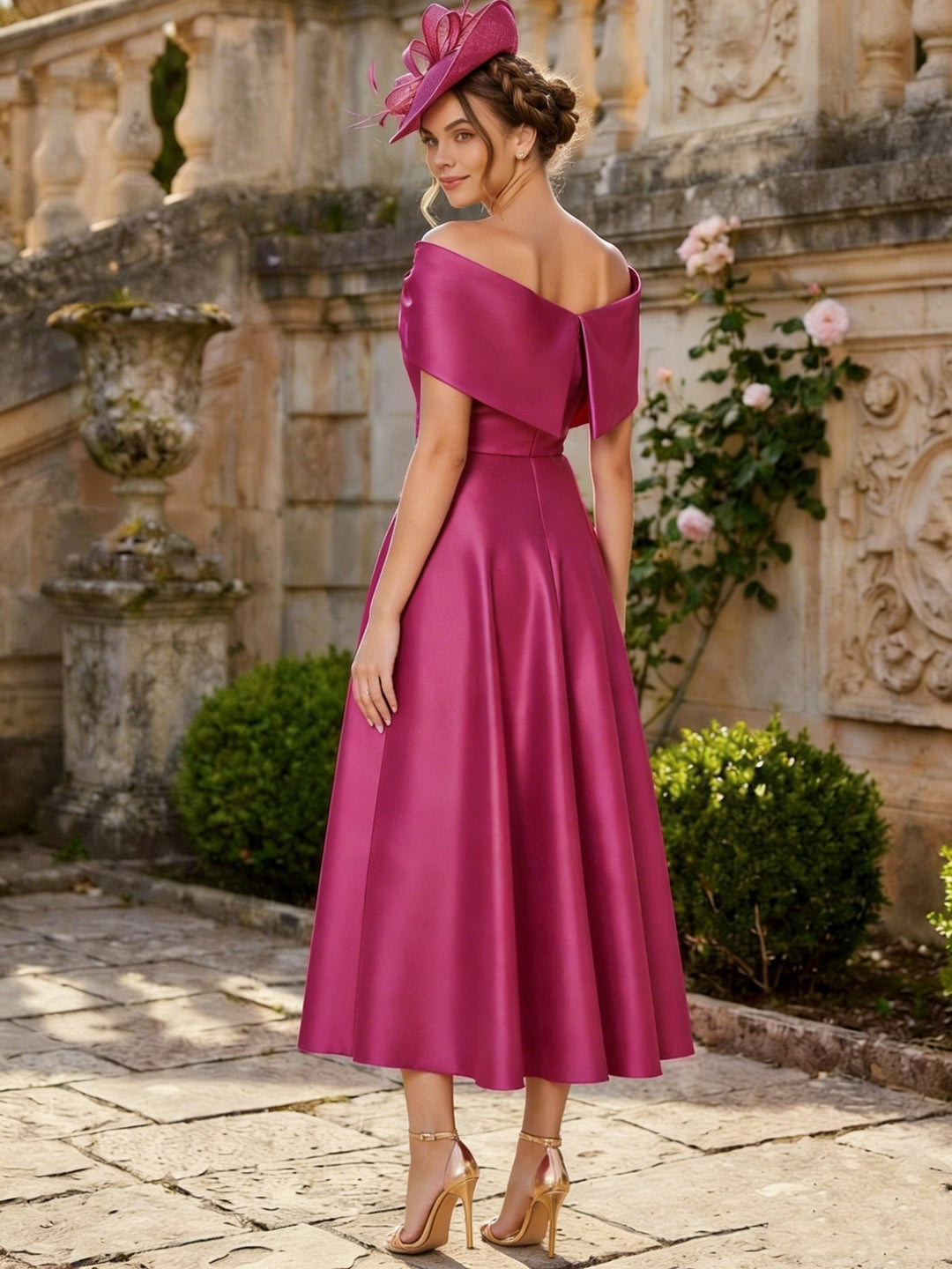 A-Line/Princess Off-the-Shoulder Satin Mother of the Bride Dresses Sleeveless Tea-Length Pleated
