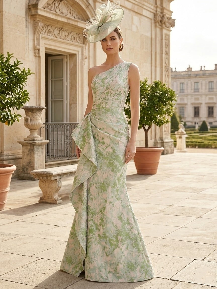 Sheath/Column One-Shoulder Jacquard Wedding Guest Dresses Floor-Length Sleeveless Ruffles