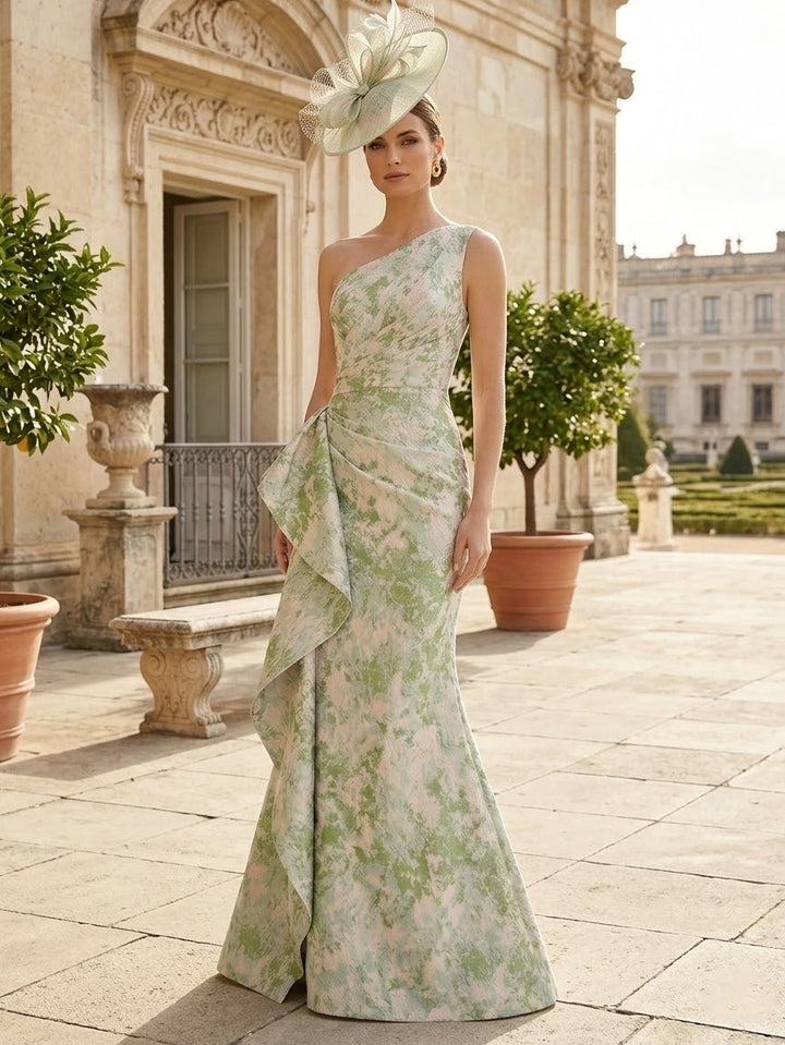 Sheath/Column One-Shoulder Jacquard Wedding Guest Dresses Floor-Length Sleeveless Ruffles