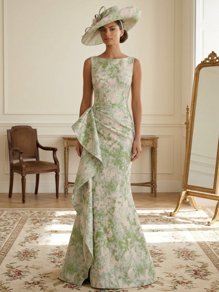 Trumpet/Mermaid Scoop Jacquard Wedding Guest Dresses Floor-Length Sleeveless Ruffles