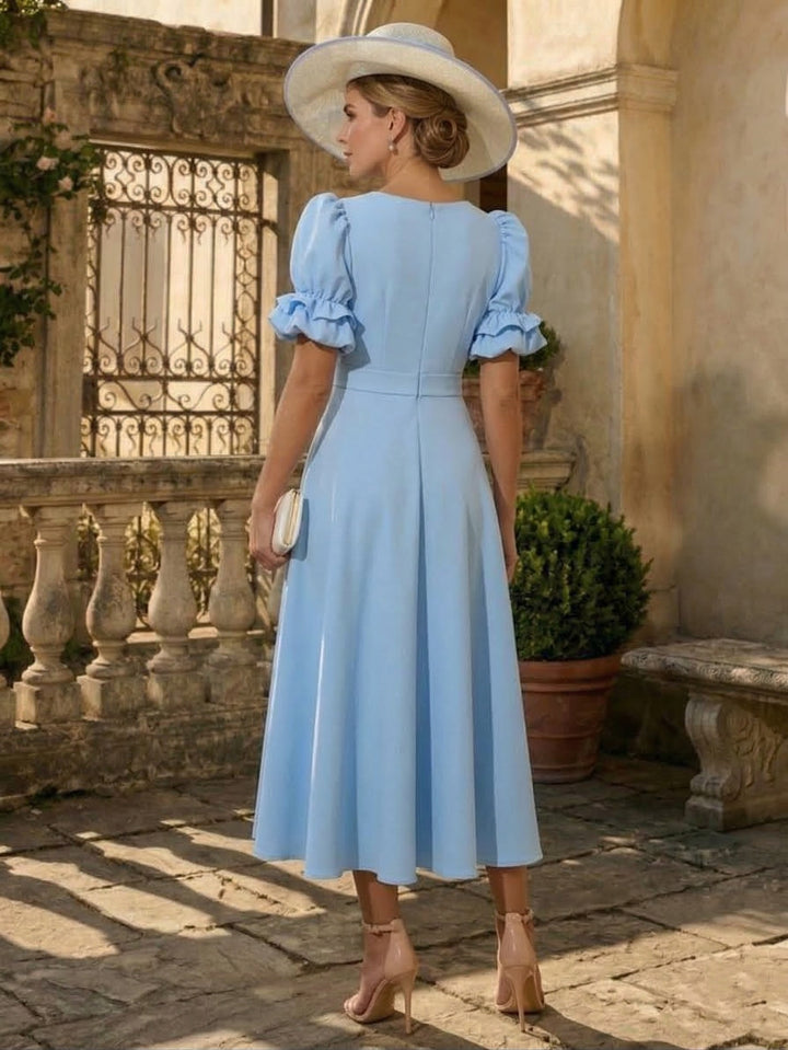 A-Line/Princess V-Neck Jacquard Mother of the Bride Dresses Tea-Length Short Sleeves Bowknot