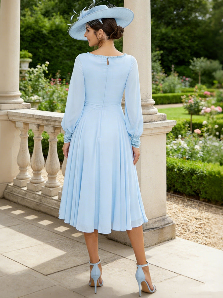 A-Line/Princess Scoop Chiffon Mother of the Bride Dresses Tea-Length Long Sleeves Pleated Sequins
