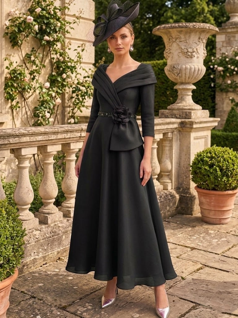 A-Line/Princess V-Neck Chiffon Mother of the Bride Dresses Ankle-Length 3/4 Sleeves 3D Flower Sequins