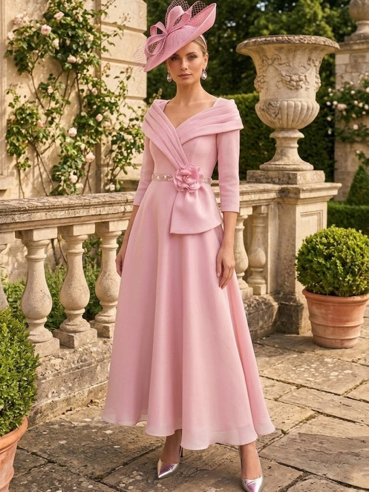 A-Line/Princess V-Neck Chiffon Mother of the Bride Dresses Ankle-Length 3/4 Sleeves 3D Flower Sequins