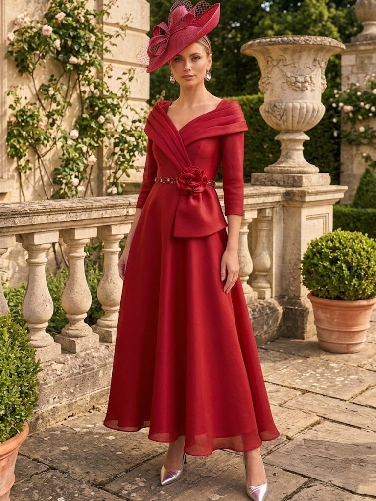 A-Line/Princess V-Neck Chiffon Mother of the Bride Dresses Ankle-Length 3/4 Sleeves 3D Flower Sequins