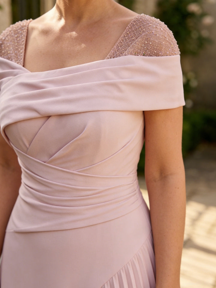 A-Line/Princess Square Collar Elastic Mother of the Bride Dresses Short Sleeves Ankle-Length Asymmetrical Sequins
