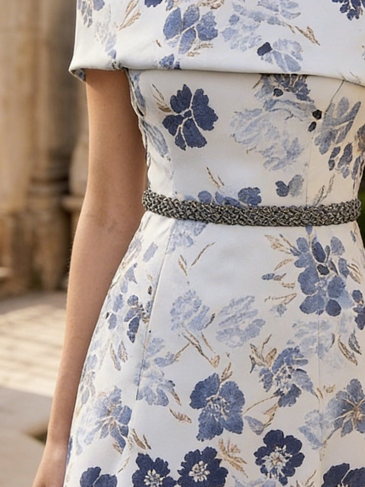 A-Line/Princess Square Collar Jacquard Mother of the Bride Dresses Ankle-Length Short Sleeves Floral Sash