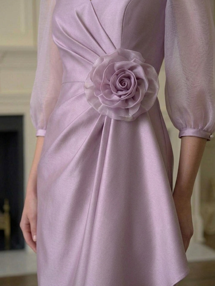 Sheath/Column V-Neck Tea-Length Mother of the Bride Dresses with 3D Flower