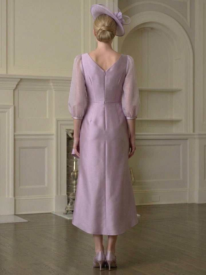 Sheath/Column V-Neck Tea-Length Mother of the Bride Dresses with 3D Flower