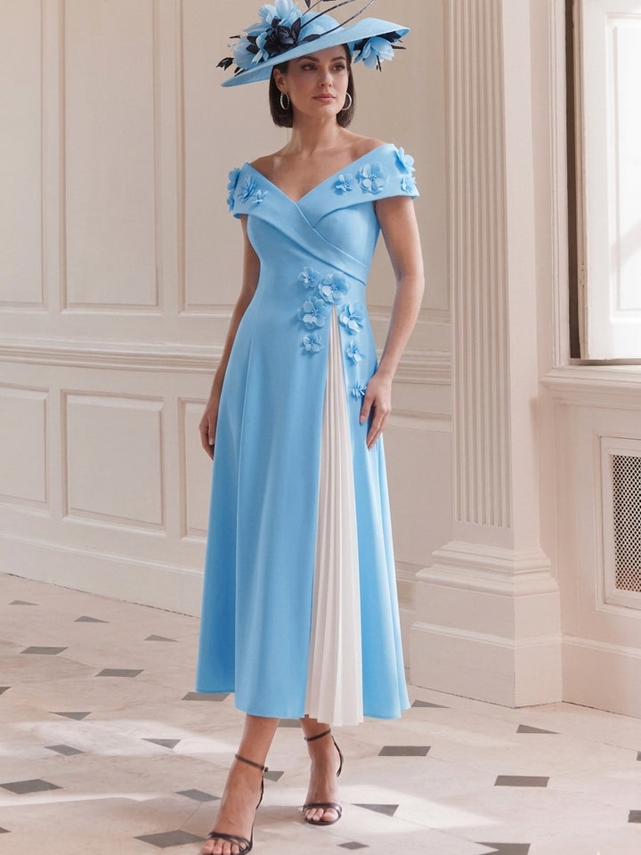 A Line/Princess Off-the-Shoulder Tea-Length Mother of the Bride Dresses with 3D Flower&Pleats