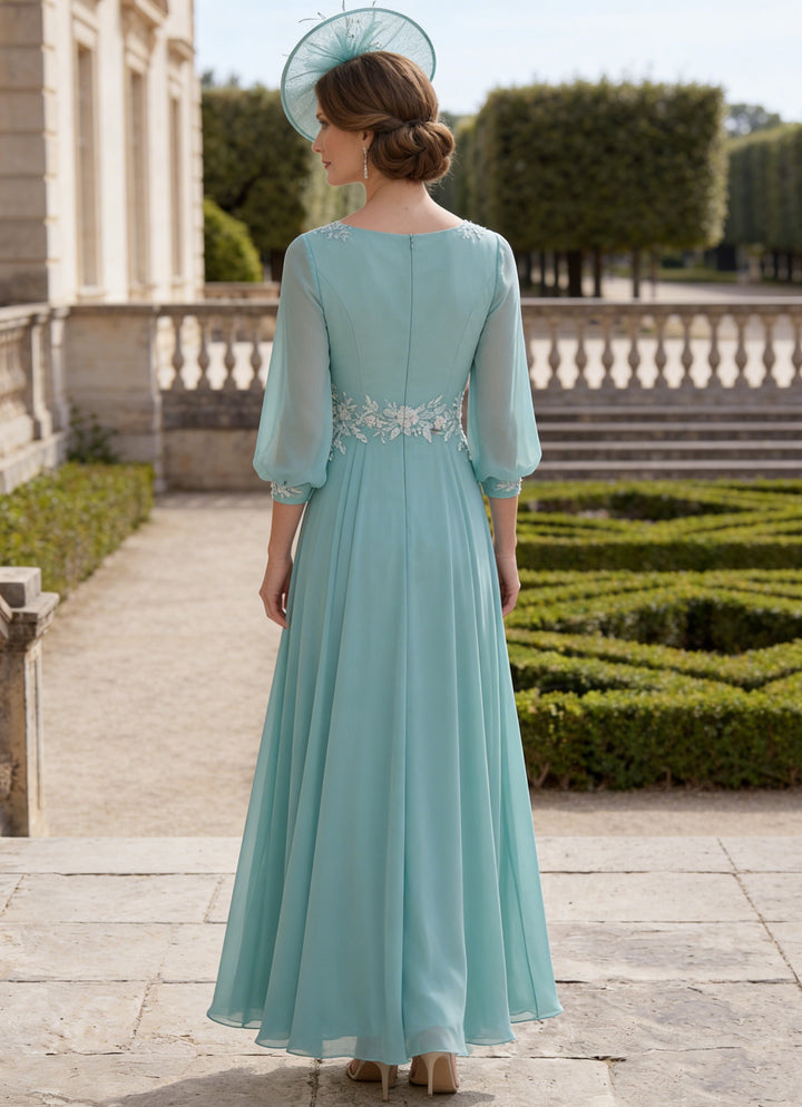 A-Line/Princess V-Neck Chiffon Mother of the Bride Dresses Ankle-Length 3/4 Sleeves Pleated