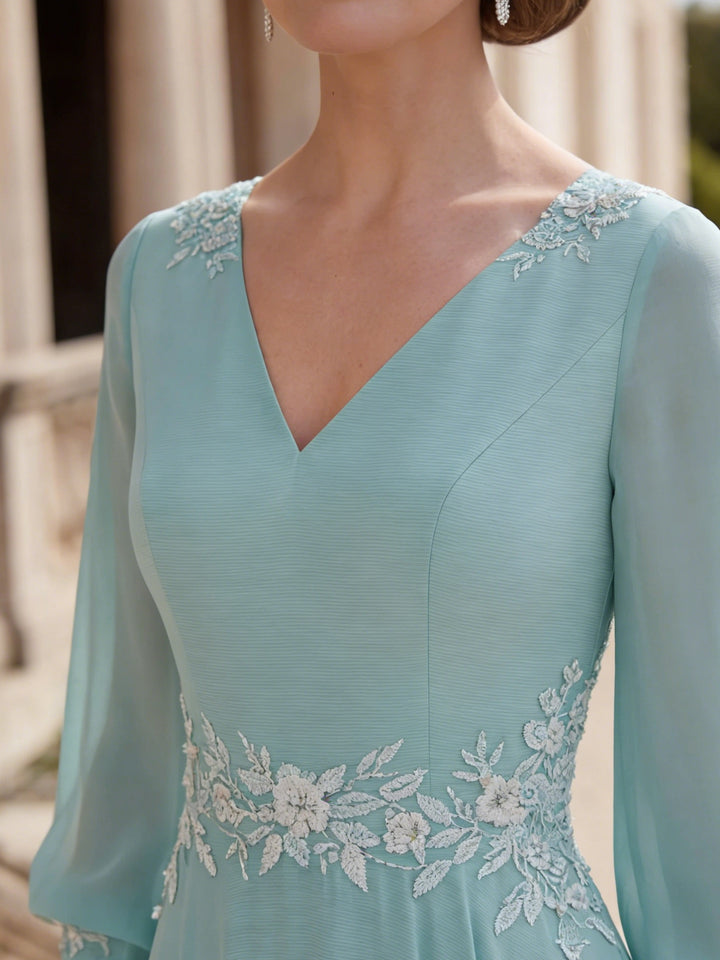 A-Line/Princess V-Neck Chiffon Mother of the Bride Dresses Ankle-Length 3/4 Sleeves Pleated