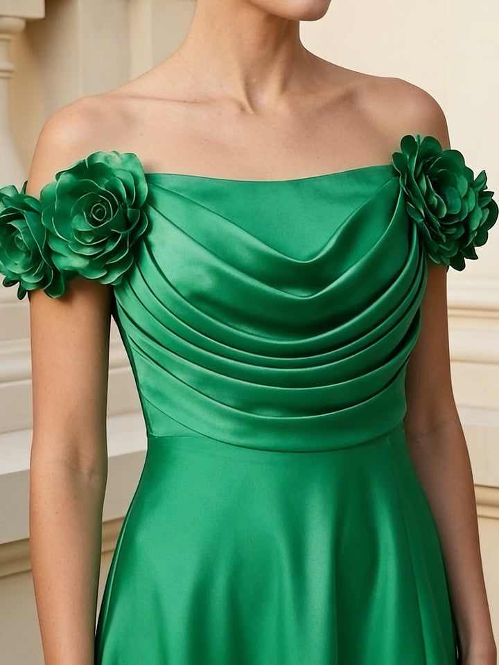 A-Line/Princess Off-the-Shoulder Satin Mother of the Bride Dresses Sleeveless Floor-Length Split Side With 3D Flowers