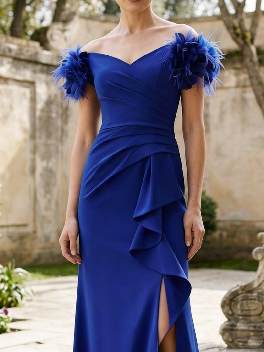 Sheath/Column Off-the-Shoulder Stretch Satin Ruffles Split Side Mother of the Bride Dresses Floor-Length Short Sleeves