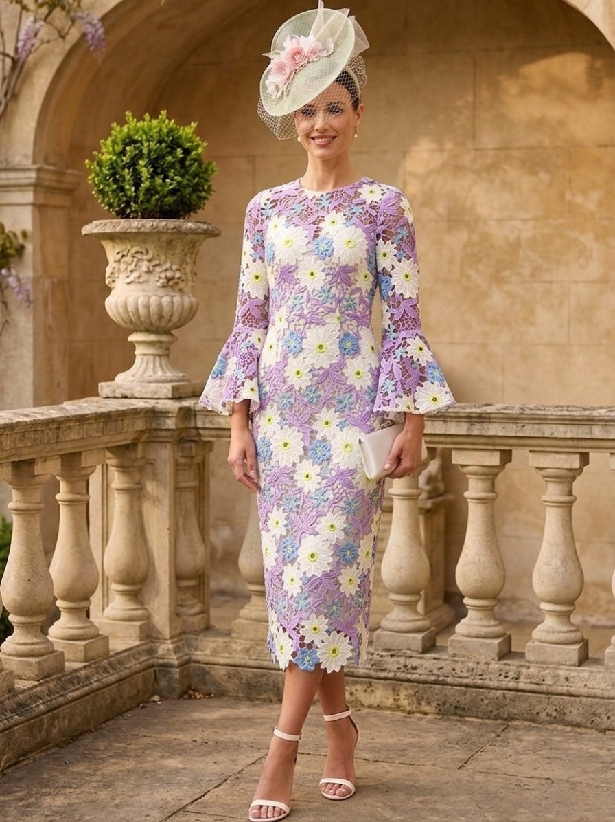 Sheath/Column Scoop Lace Mother of the Bride Dresses Floral Long Sleeves Tea-Length