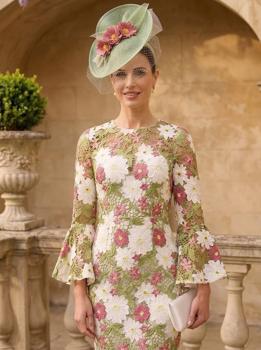 Sheath/Column Scoop Lace Mother of the Bride Dresses Floral Long Sleeves Tea-Length