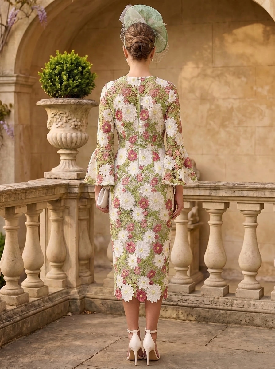 Sheath/Column Scoop Lace Mother of the Bride Dresses Floral Long Sleeves Tea-Length