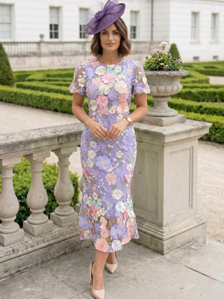 Sheath/Column Scoop Lace Mother of the Bride Dresses Floral Short Sleeves Tea-Length