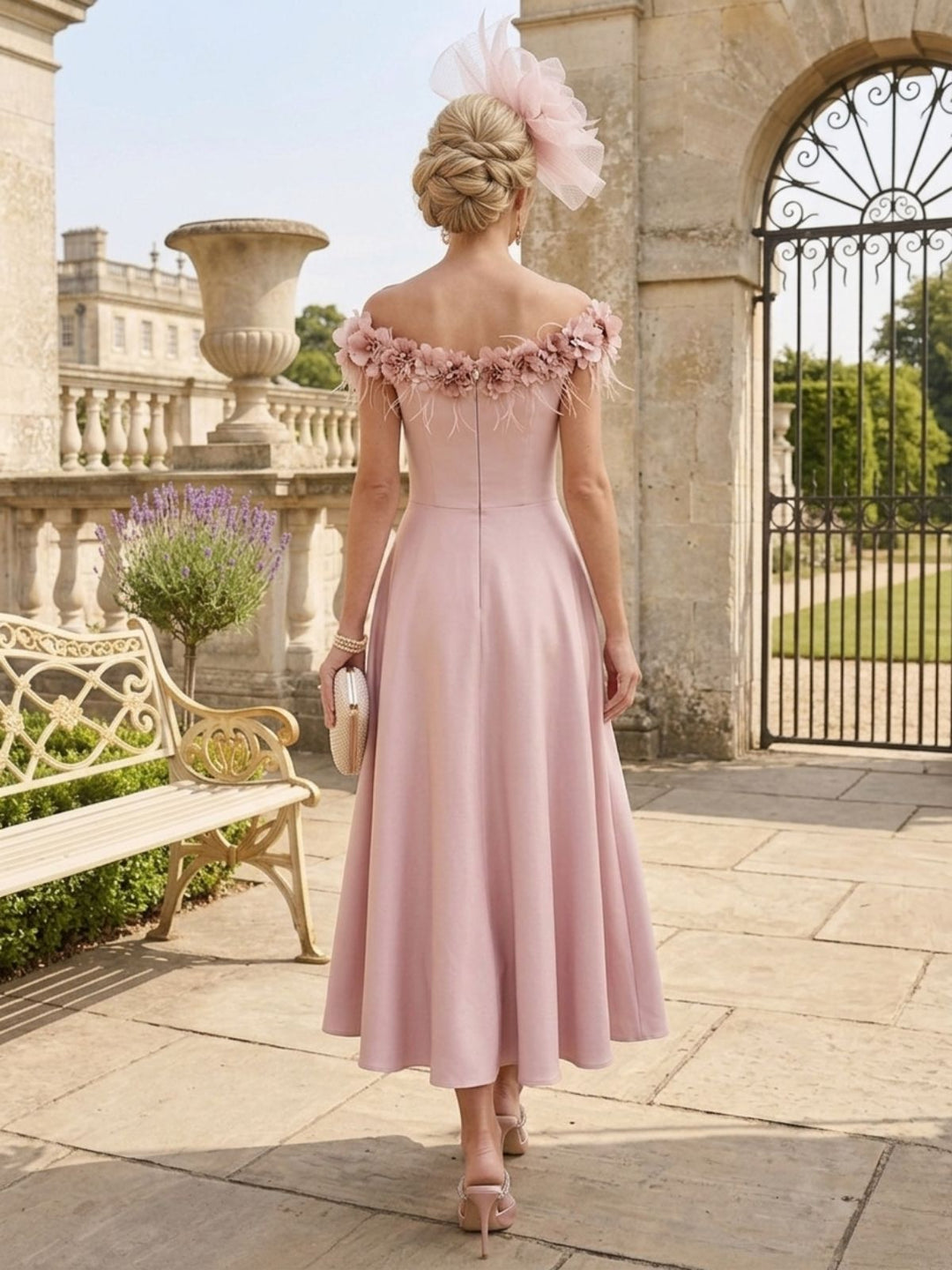 A-Line/Princess Off-the-Shoulder Stretch Satin Mother of the Bride Dresses Tea-Length Sleeveless WIth 3D Flowers