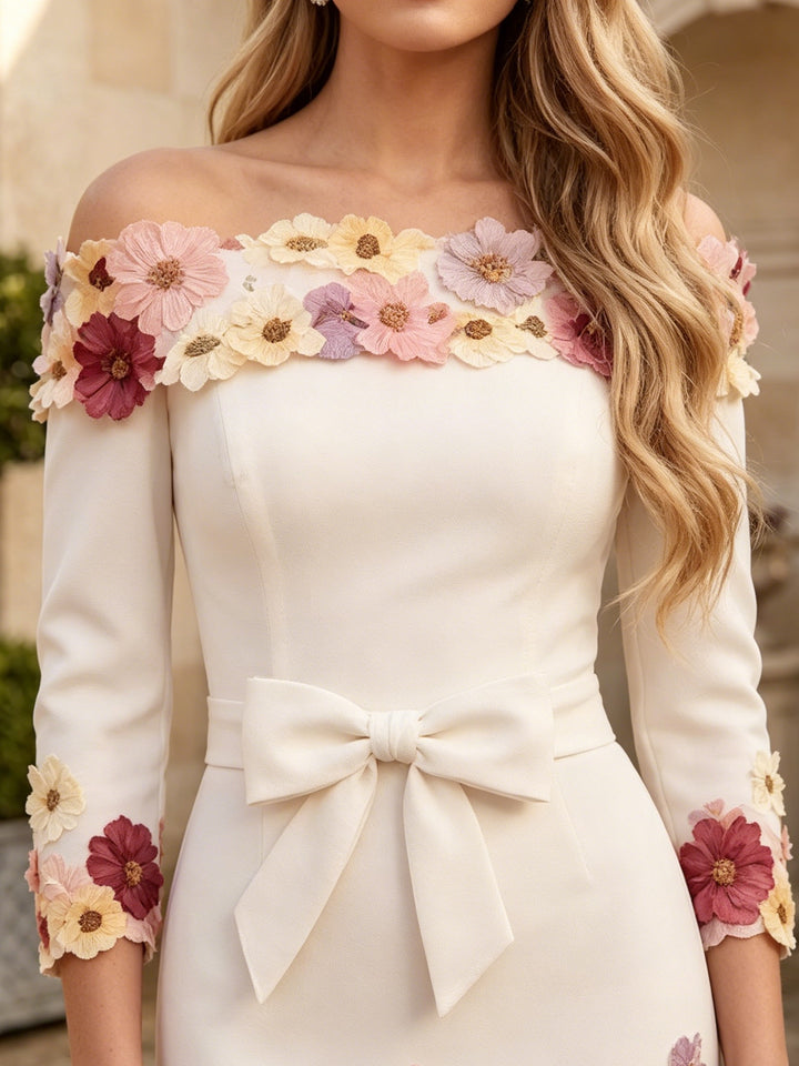 Sheath/Column Off-the-Shoulder Stretch Satin Mother Of The Bride Dresses with Bowknot 3/4 Sleeves Tea-Length Floral