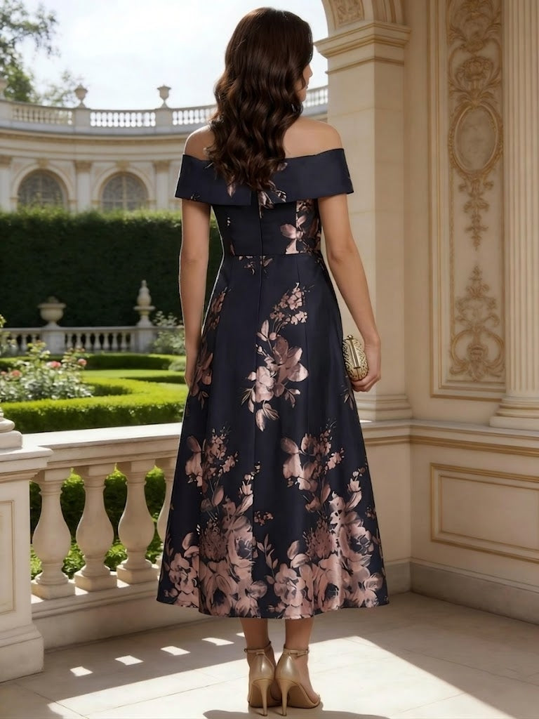 A-Line/Princess Off-the-Shoulder Jacquard Mother of the Bride Dresses Sleeveless Floral Tea-Length
