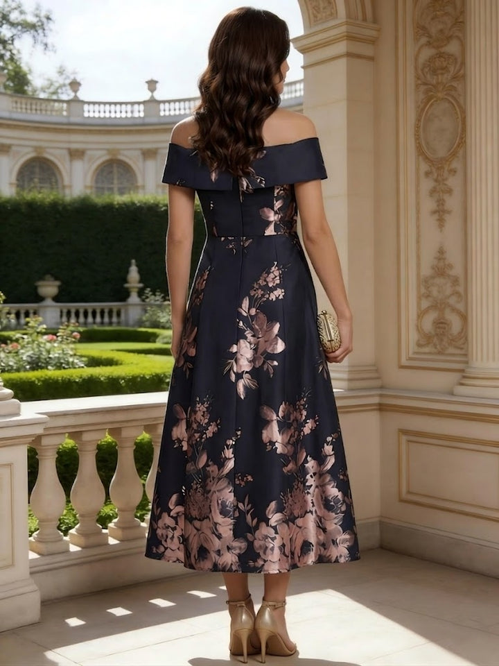 A-Line/Princess Off-the-Shoulder Jacquard Mother of the Bride Dresses Sleeveless Floral Tea-Length