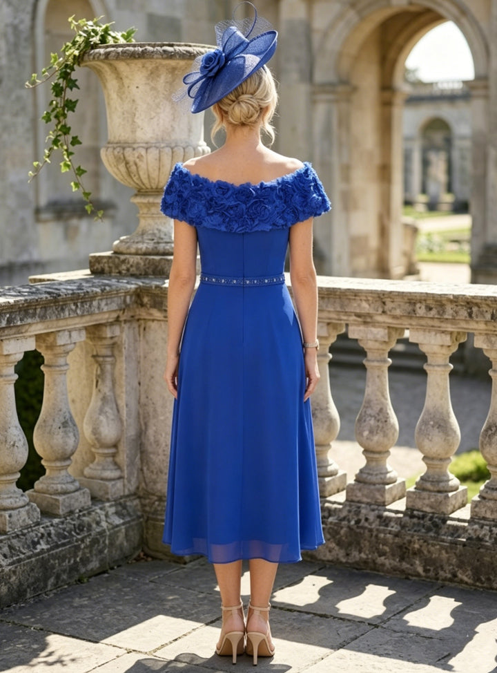A-Line/Princess Off-the-Shoulder Chiffon Mother of the Bride Dresses Sleeveless Tea-Length 3D Flowers