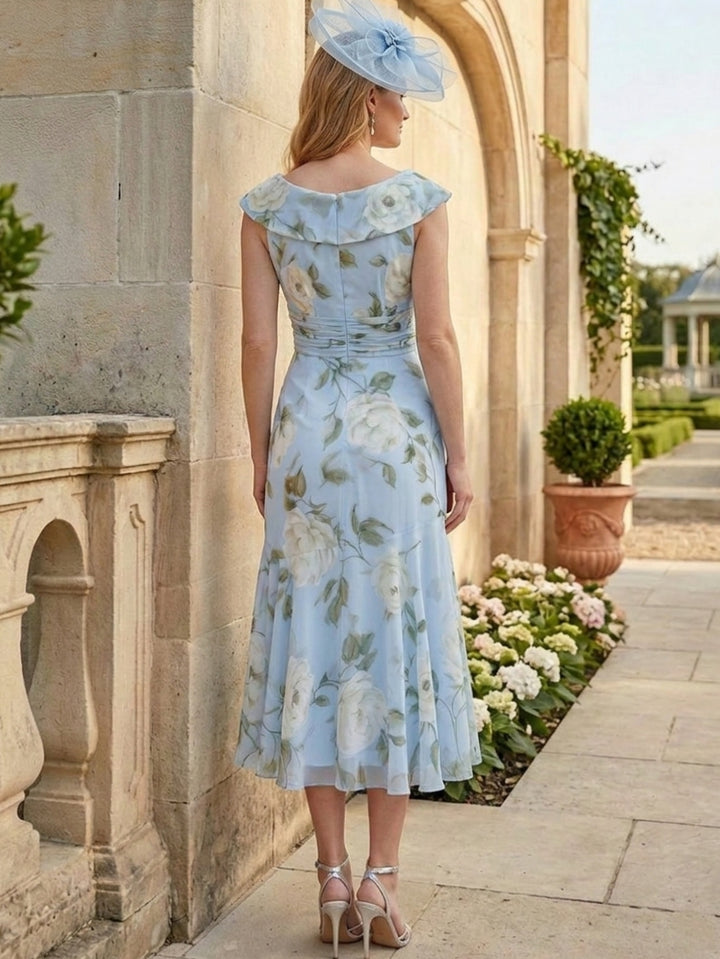 Sheath/Column V-Neck Chiffon Floral Mother of the Bride Dresses Short Sleeves Tea-Length with Corset