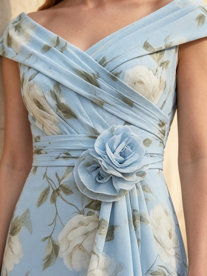 Sheath/Column V-Neck Chiffon Floral Mother of the Bride Dresses Short Sleeves Tea-Length with Corset