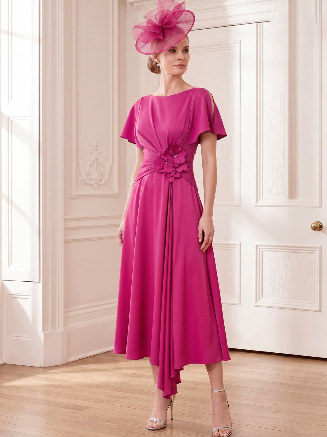 A-Line/Princess Scoop Tea-Length Short Sleeves Mother of the Bride Dresses with 3D Flowers