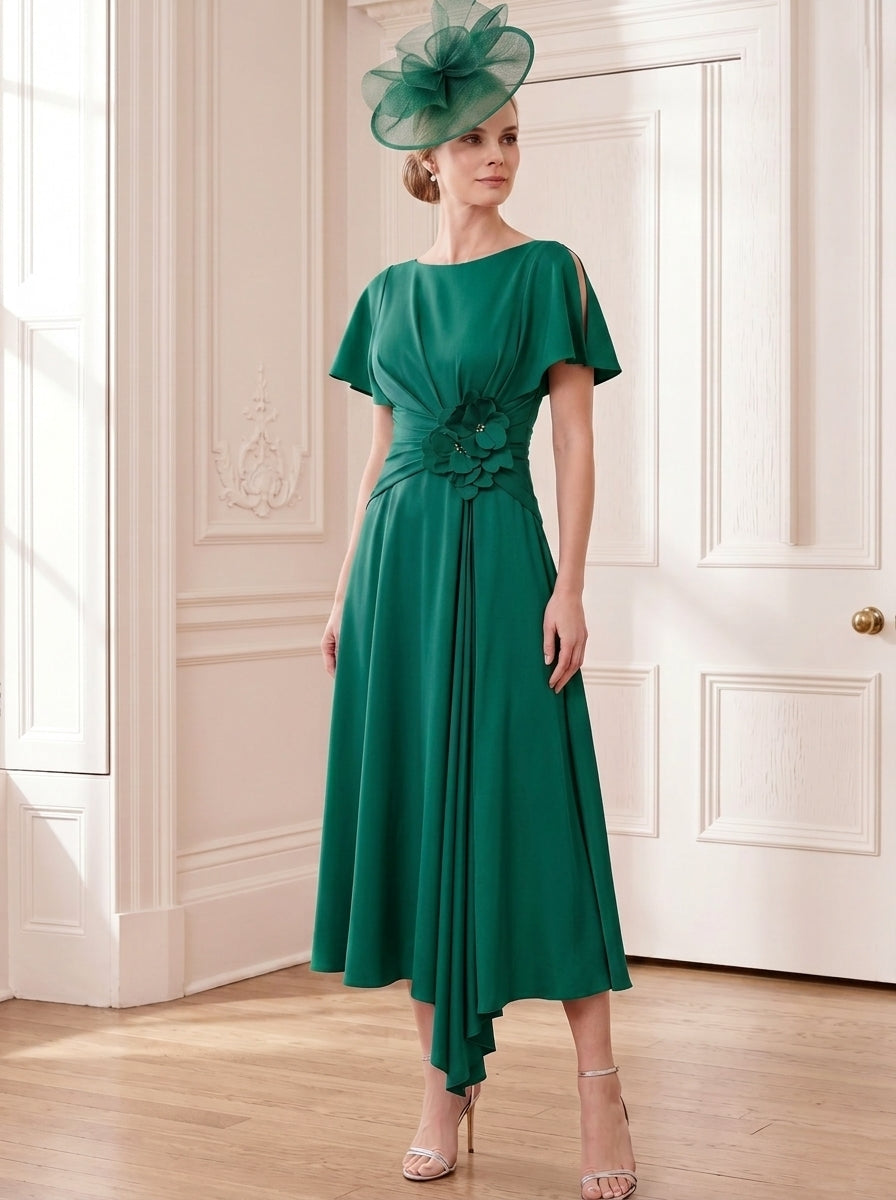 A-Line/Princess Scoop Tea-Length Short Sleeves Mother of the Bride Dresses with 3D Flowers