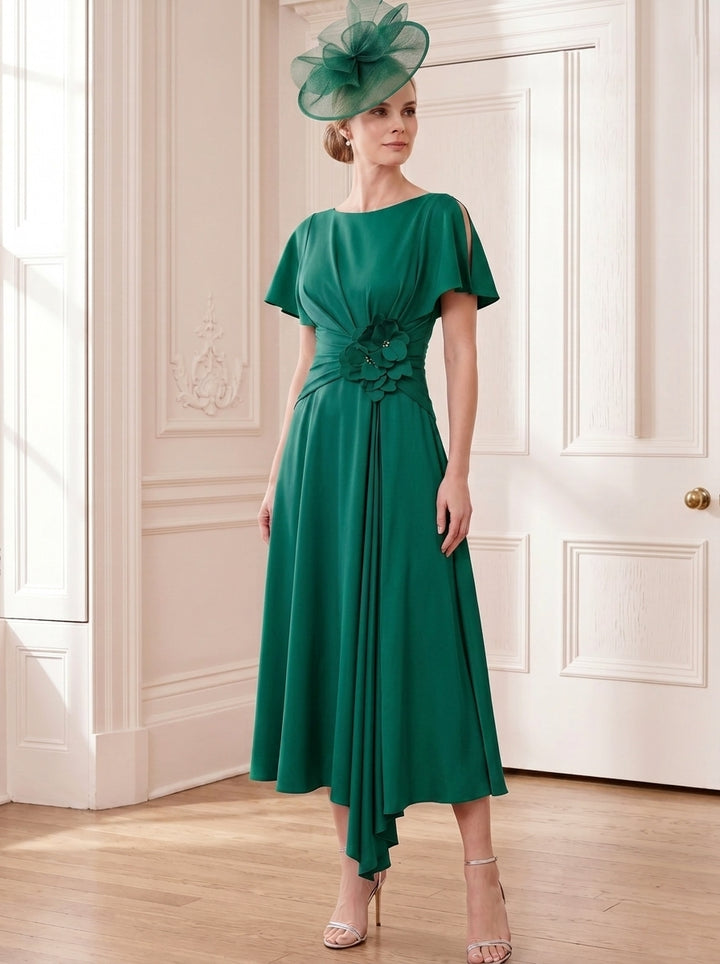 A-Line/Princess Scoop Tea-Length Short Sleeves Mother of the Bride Dresses with 3D Flowers