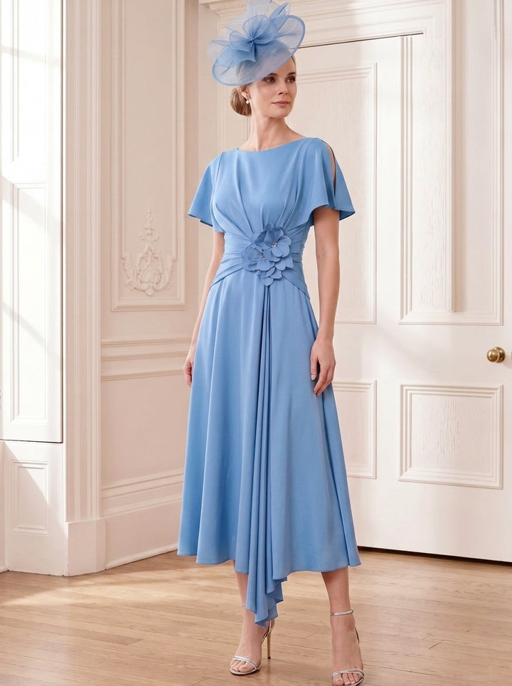 A-Line/Princess Scoop Tea-Length Short Sleeves Mother of the Bride Dresses with 3D Flowers