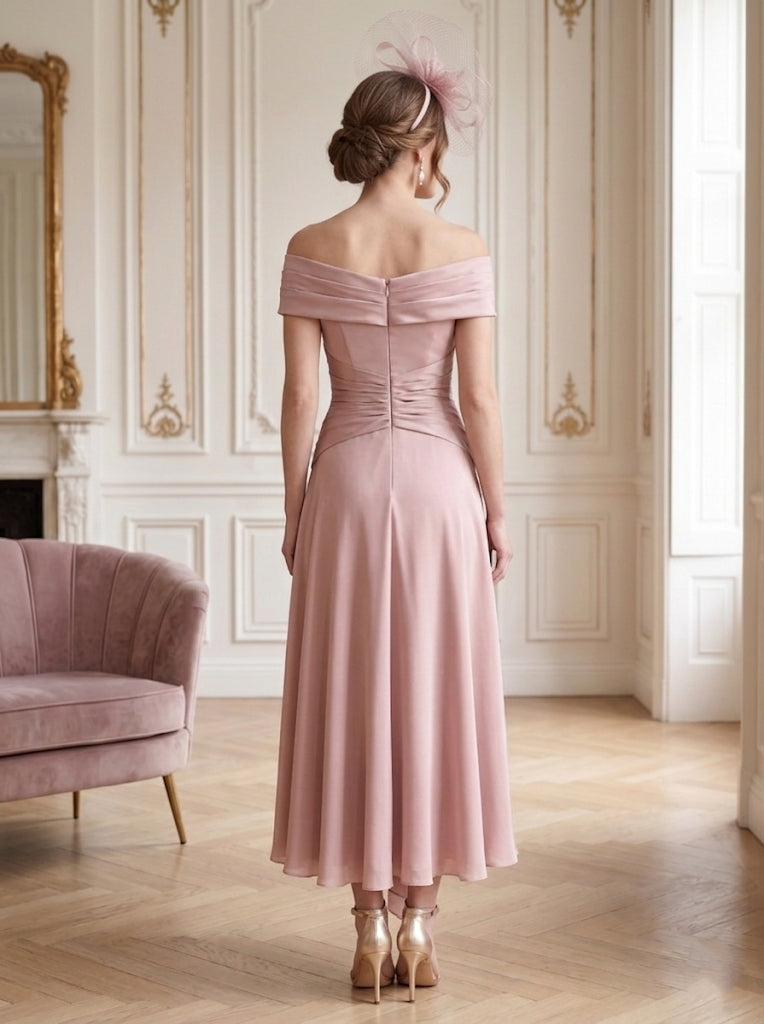 A-Line/Princess Off-the-Shoulder Tea-Length Sleeveless Mother of the Bride Dresses with 3D Flowers