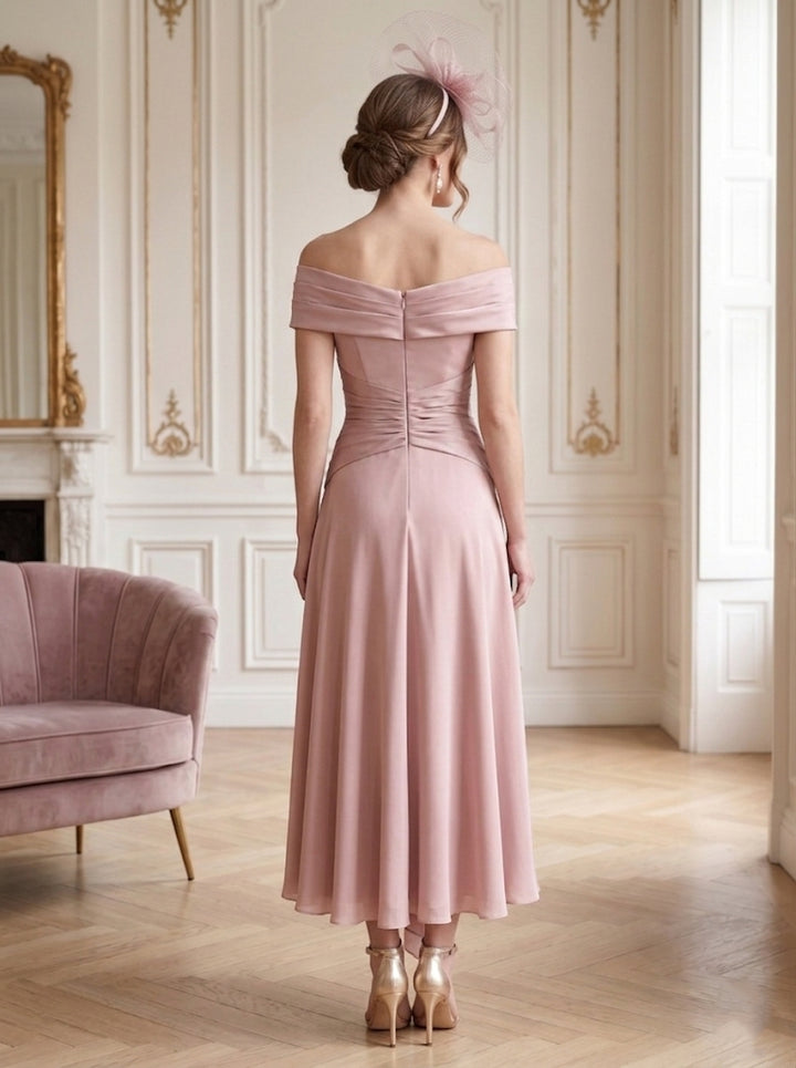 A-Line/Princess Off-the-Shoulder Tea-Length Sleeveless Mother of the Bride Dresses with 3D Flowers