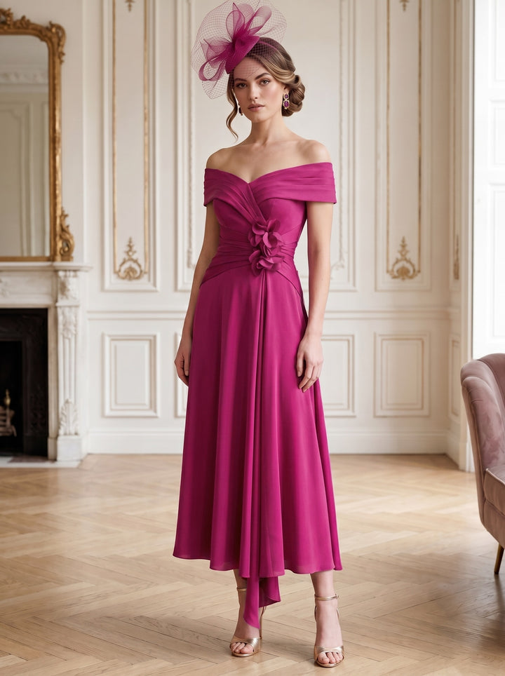 A-Line/Princess Off-the-Shoulder Tea-Length Sleeveless Mother of the Bride Dresses with 3D Flowers