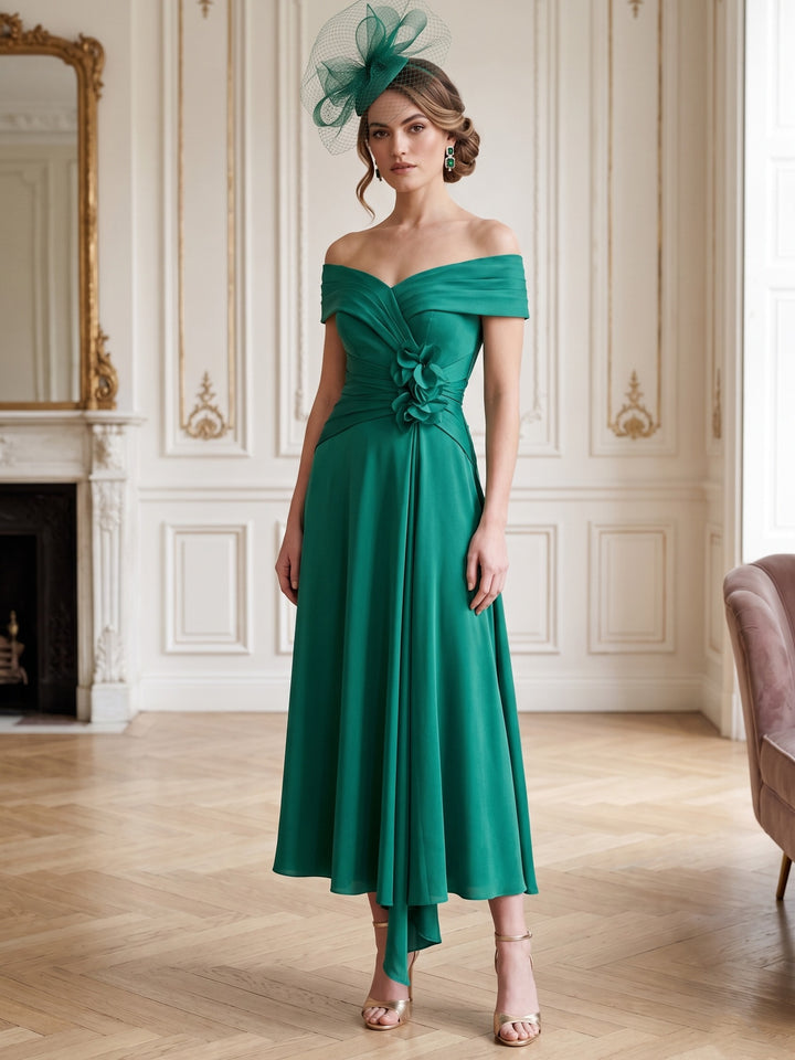 A-Line/Princess Off-the-Shoulder Tea-Length Sleeveless Mother of the Bride Dresses with 3D Flowers