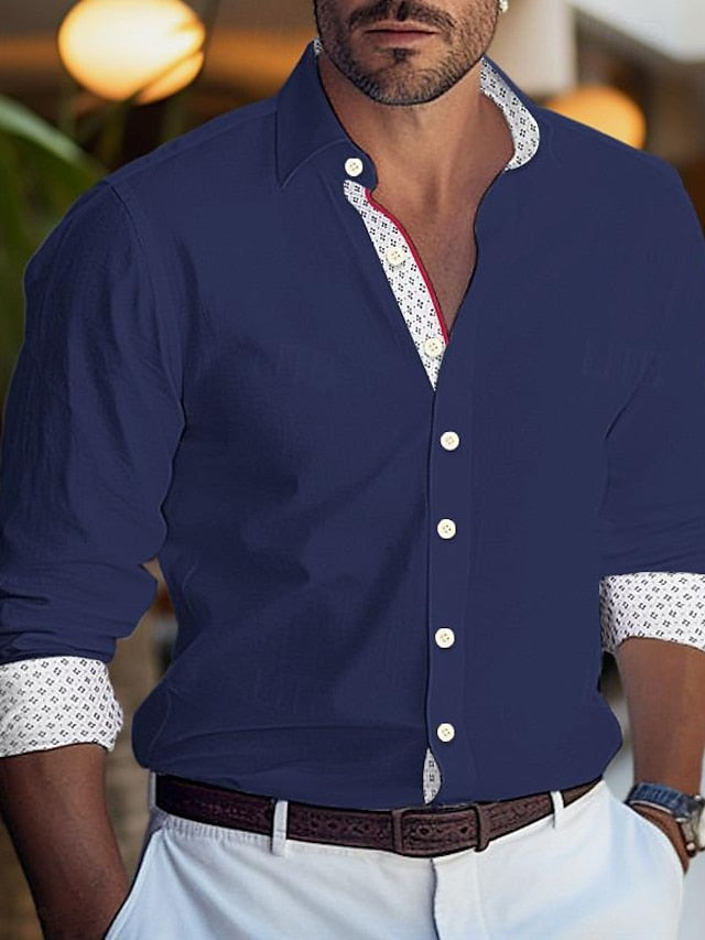 Men's Casual Polyester Long Sleeves Colour Block Shirt