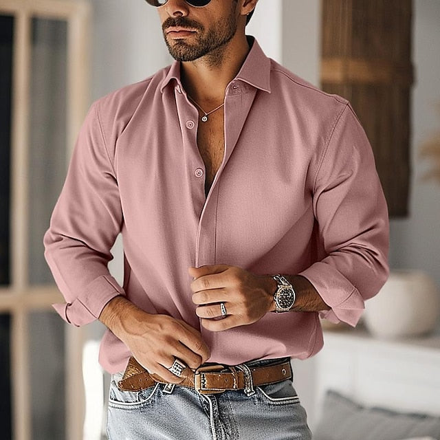 Men's Casual Cotton BlendLong Sleeves Solid Colour Shirt