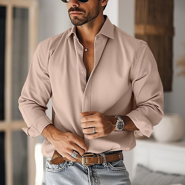 Men's Casual Cotton BlendLong Sleeves Solid Colour Shirt