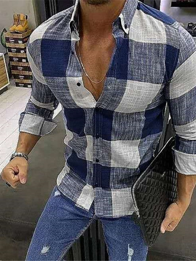 Men's Casual Cotton Blend Long Sleeves Plaid Color Block Shirt