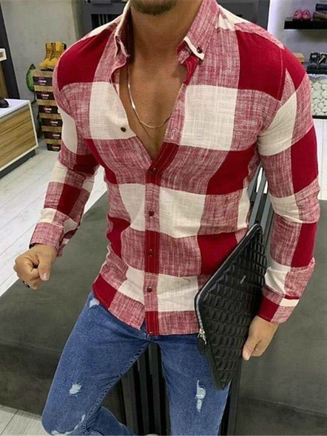 Men's Casual Cotton Blend Long Sleeves Plaid Colour Block Shirt