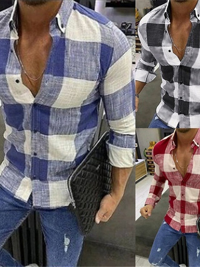 Men's Casual Cotton Blend Long Sleeves Plaid Color Block Shirt