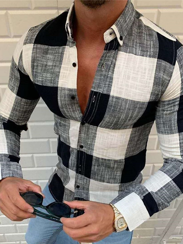 Men's Casual Cotton Blend Long Sleeves Plaid Colour Block Shirt