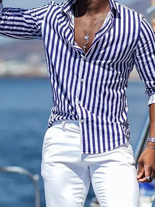 Men's Casual Cotton Blend Long Sleeves Stripes Shirt