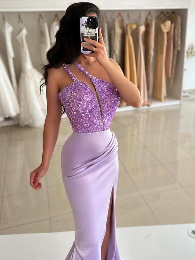 Mermaid/Trumpet One-Shoulder Sleeveless Floor-Length Long Evening Dresses with Sequins