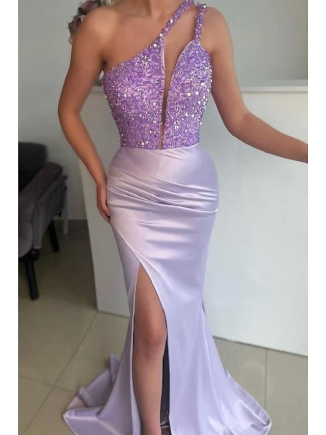 Mermaid/Trumpet One-Shoulder Sleeveless Floor-Length Long Evening Dresses with Sequins