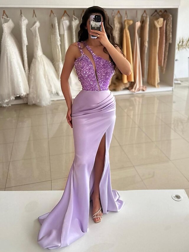 Mermaid/Trumpet One-Shoulder Sleeveless Floor-Length Long Evening Dresses with Sequins