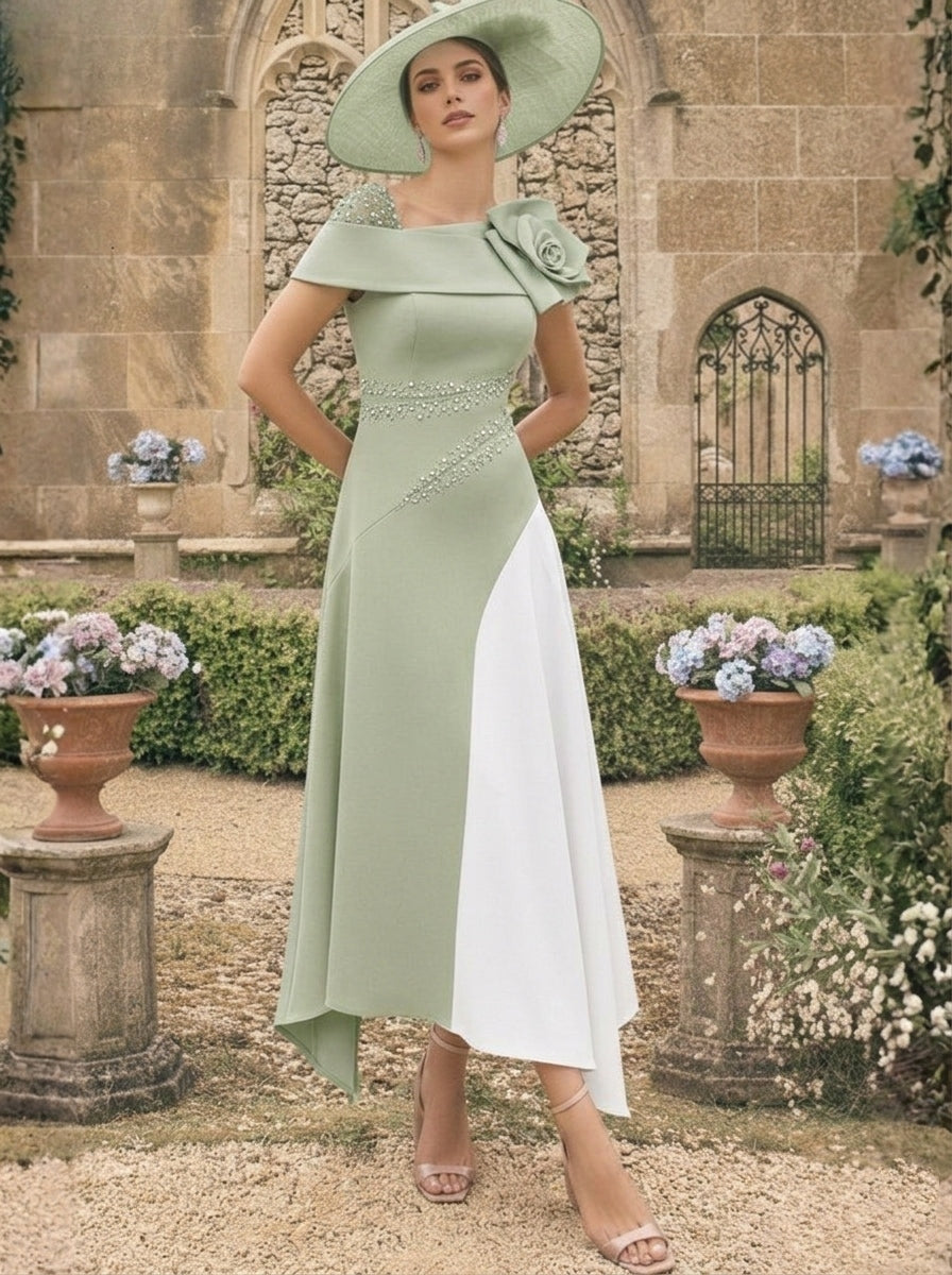 A-Line/Princess One-Shoulder Stretch Satin Mother of the Bride Dresses With 3D Flower Asymmetrical Ankle-Length